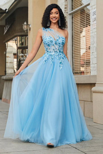 Splendido abito da ballo corsetto azzurro monospalla una linea con appliques